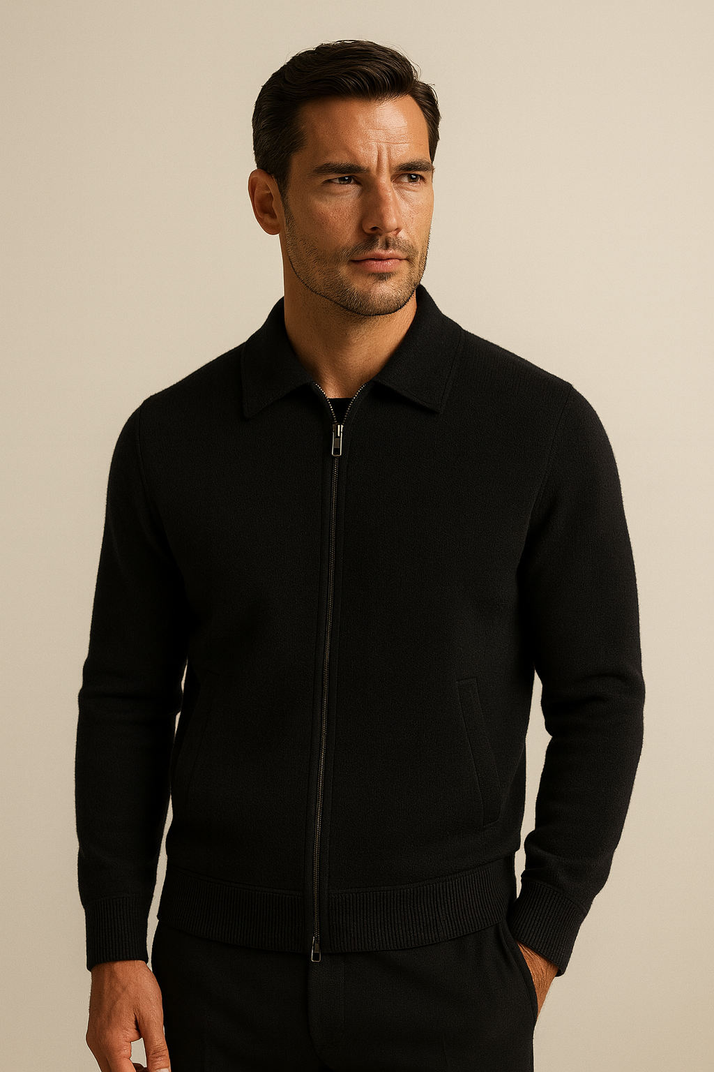 Luca Zip Polo Cardigan Black