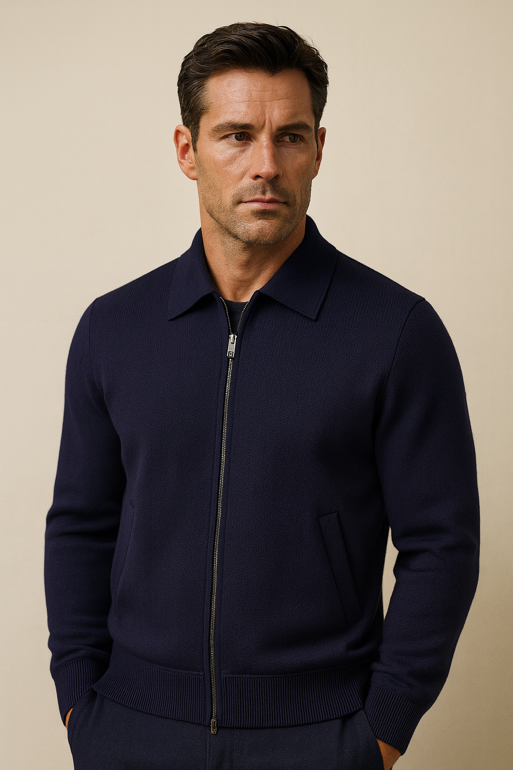 Luca Zip Polo Cardigan Navy