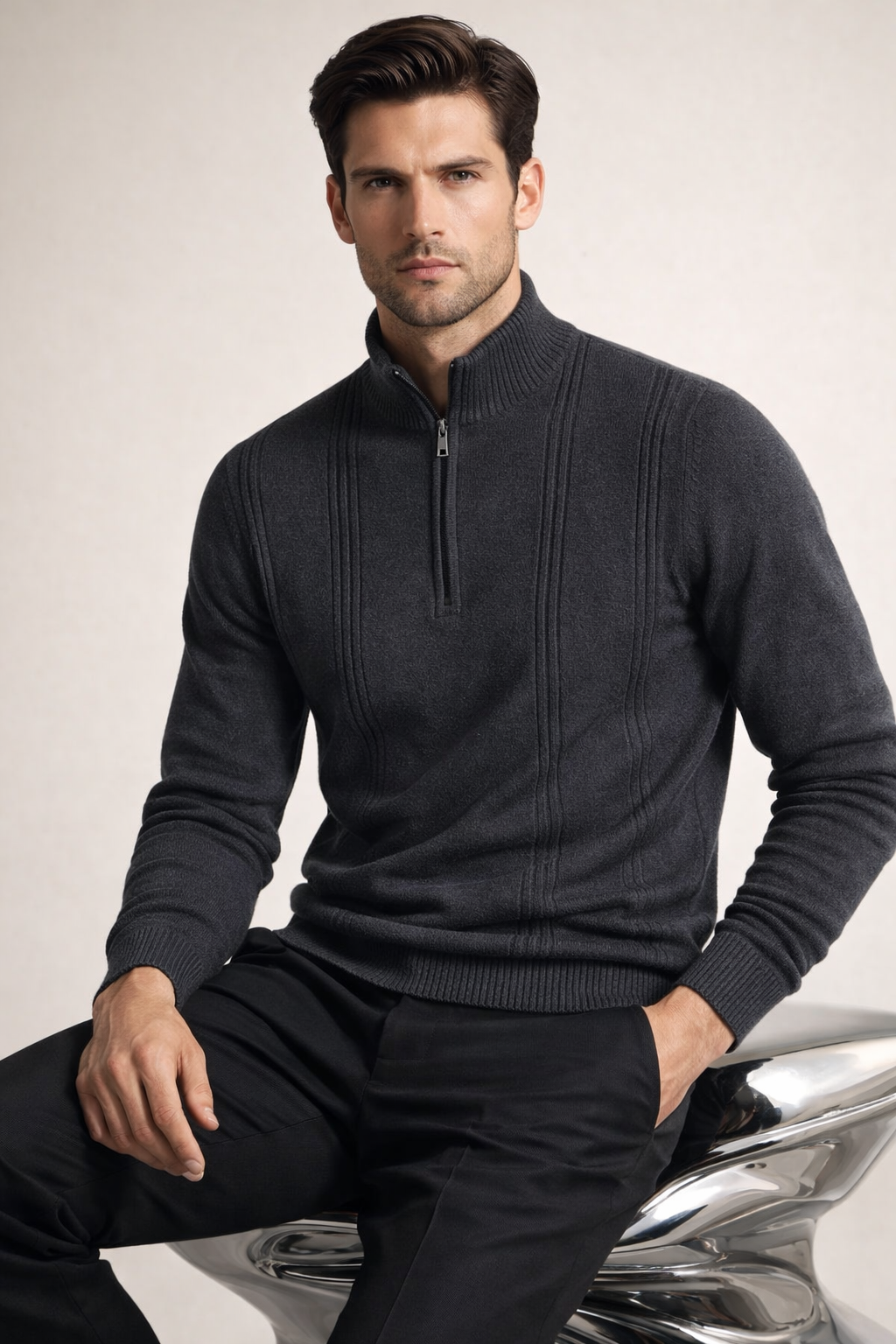 Teo Cashmere Half-Zip Knit Dark Grey