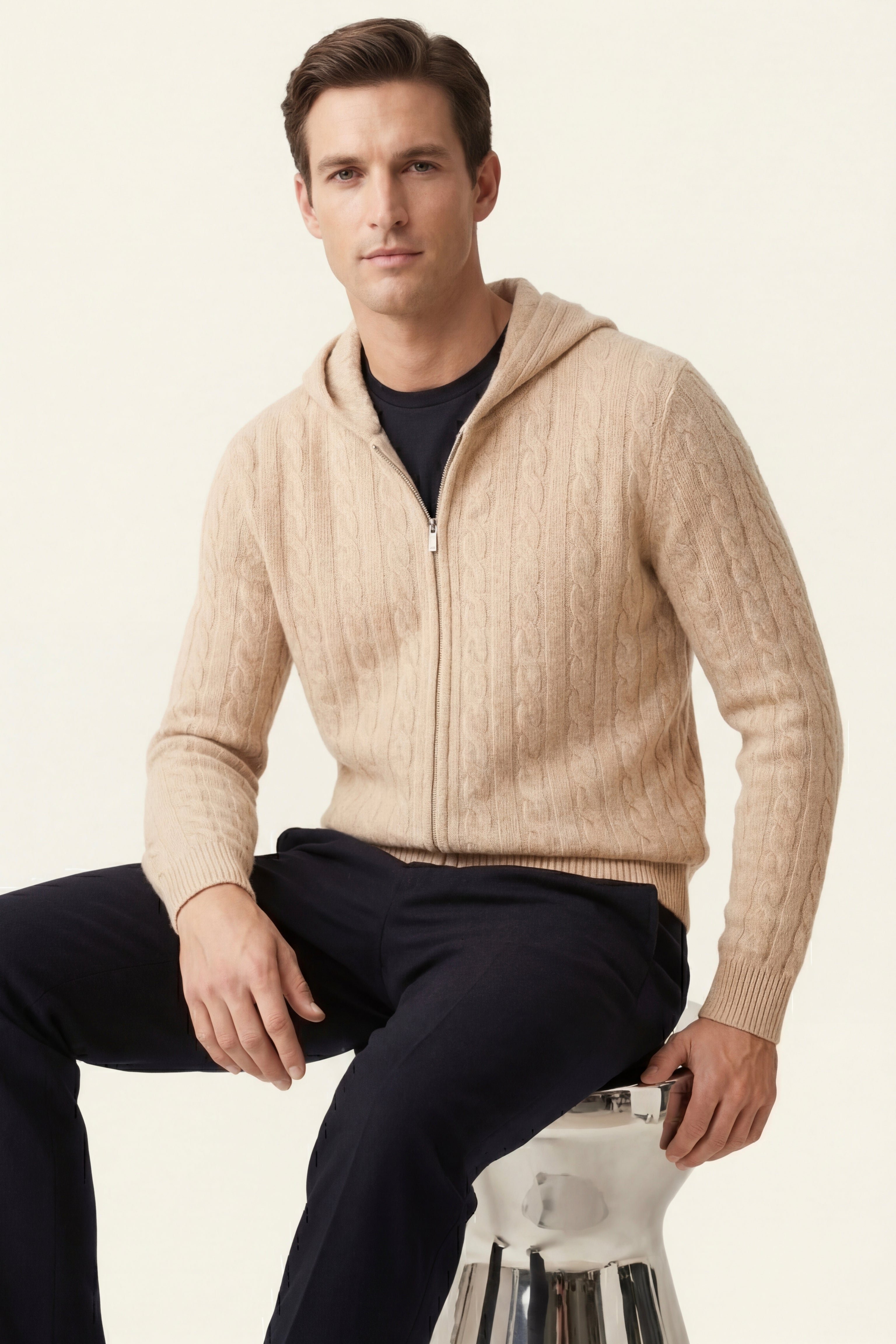 Talieri Hooded Cable Knit Beige