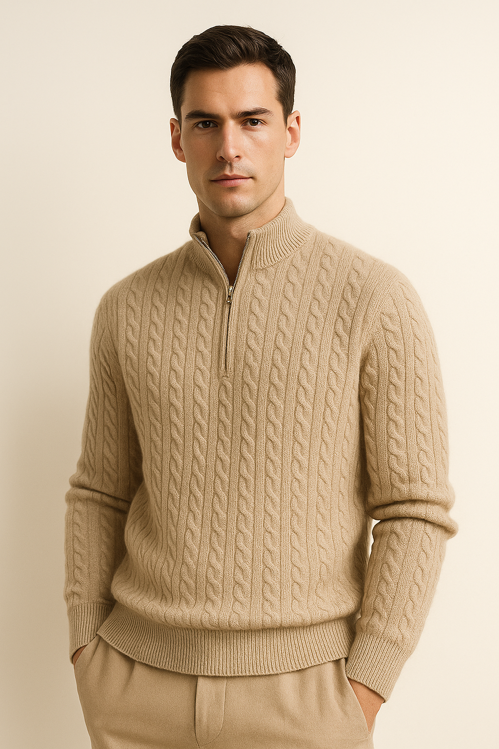 Lerano Cashmere Half-Zip Knit Beige