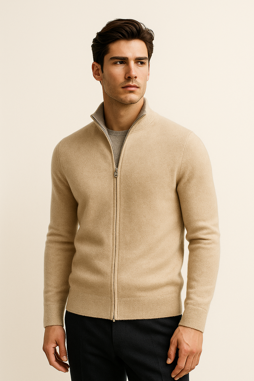 Marciello Reversible Cashmere Zip Knit Beige & Grey