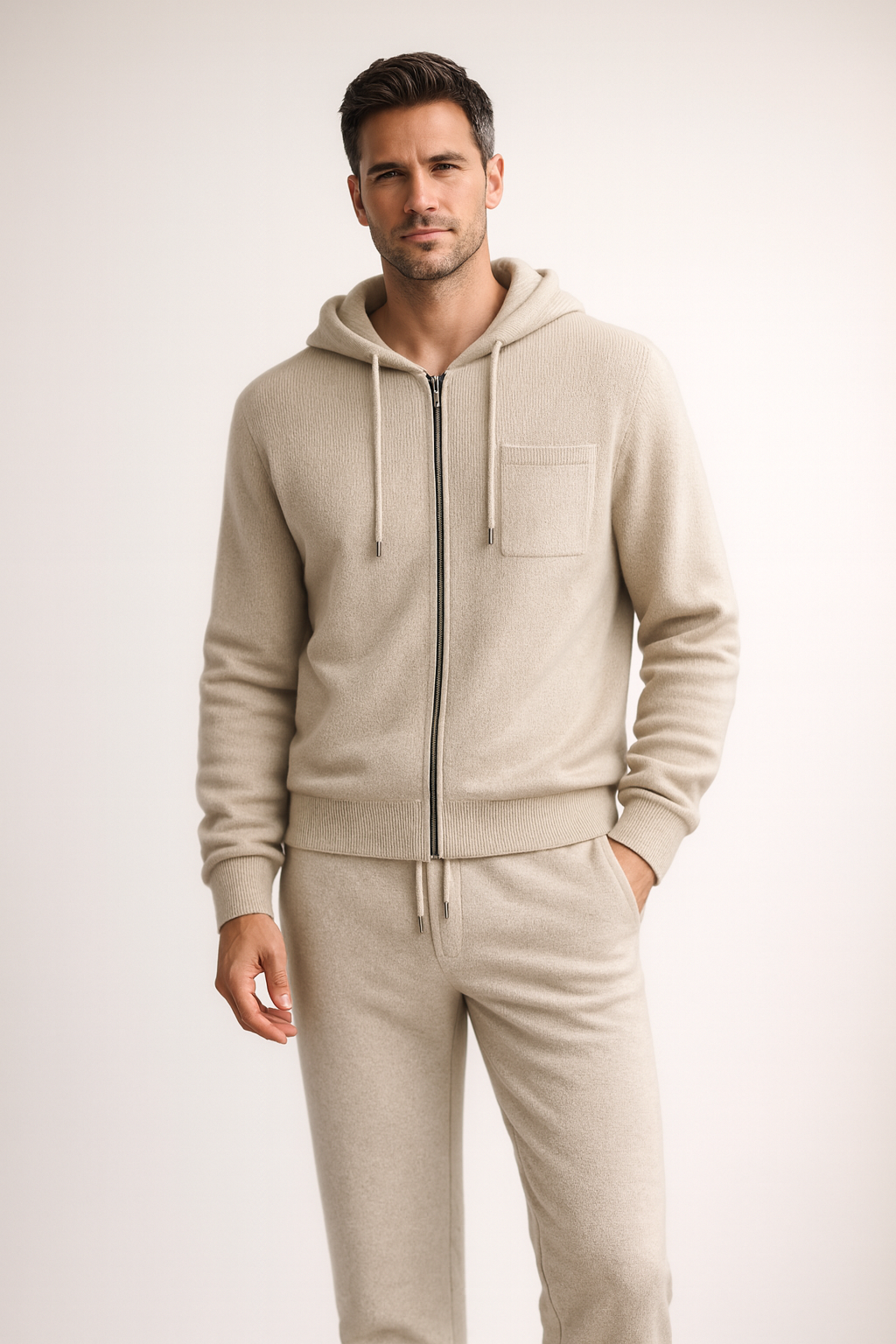 Filippo Cashmere Hooded Zip Set Cream