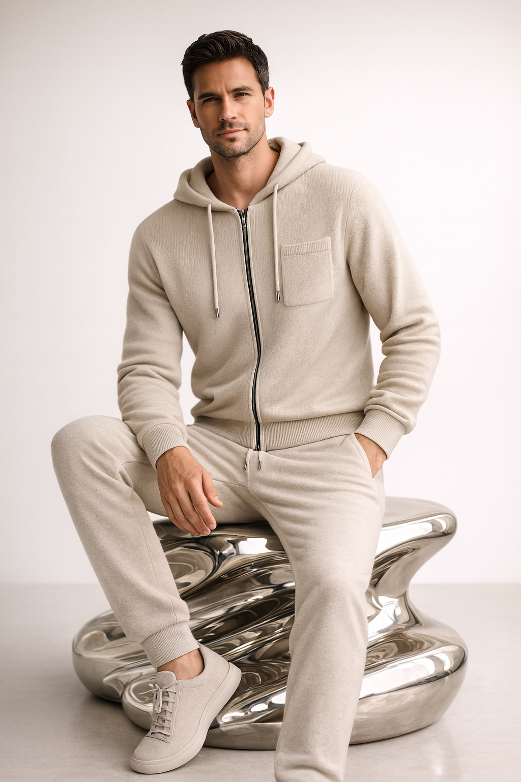 Filippo Cashmere Hooded Zip Set Cream