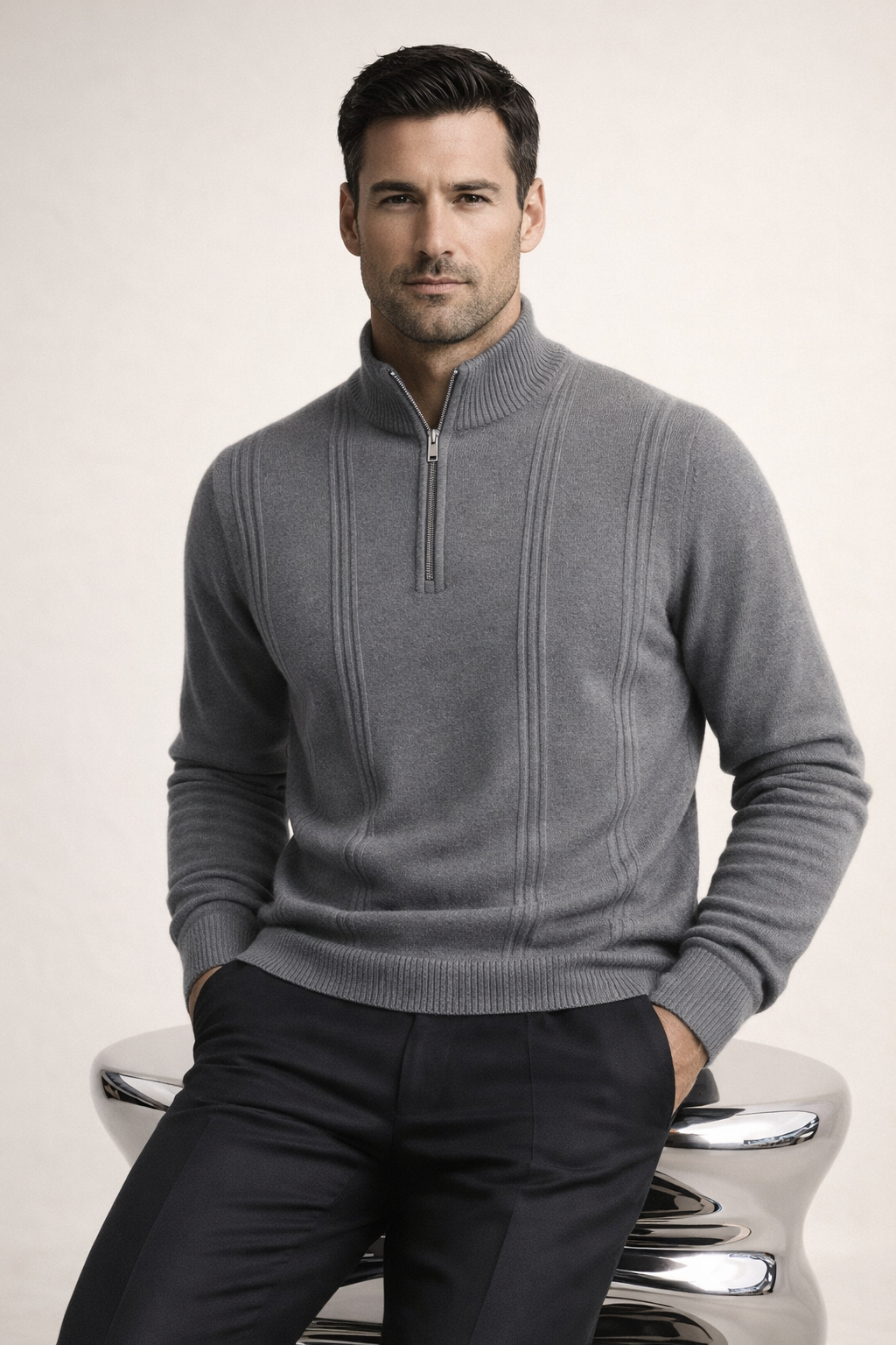 Teo Cashmere Half-Zip Knit Grey