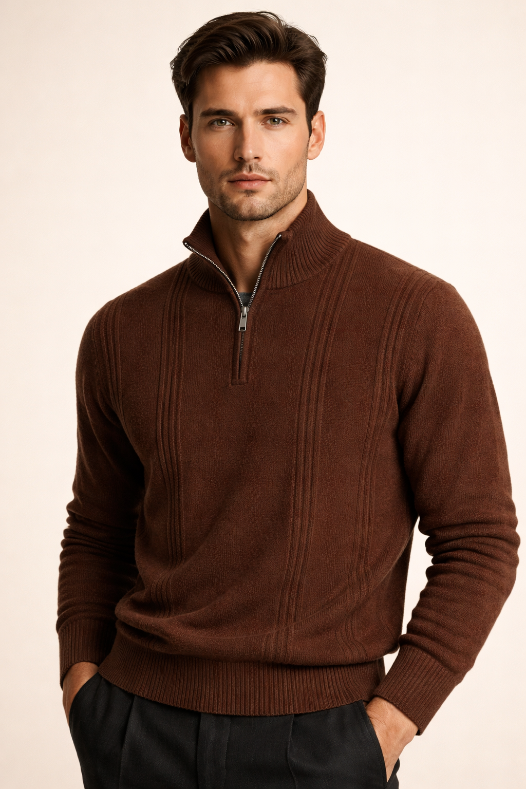 Teo Cashmere Half-Zip Knit Brown