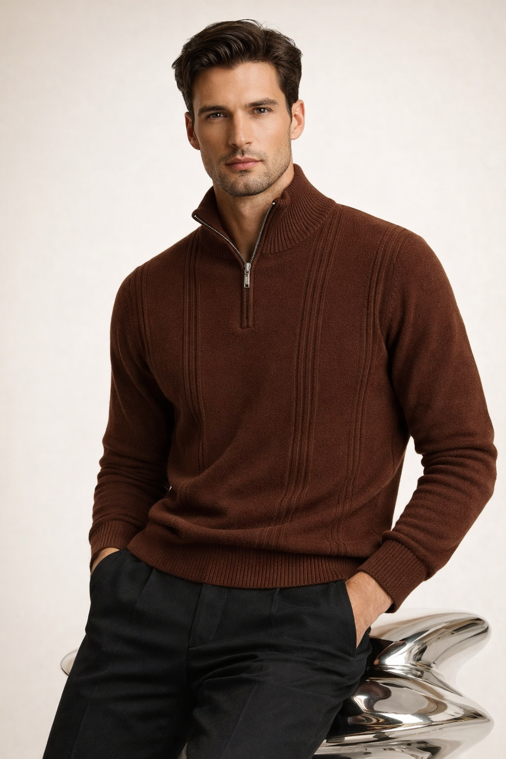 Teo Cashmere Half-Zip Knit Brown