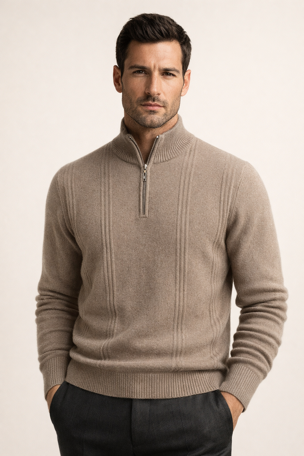 Teo Cashmere Half-Zip Knit Beige