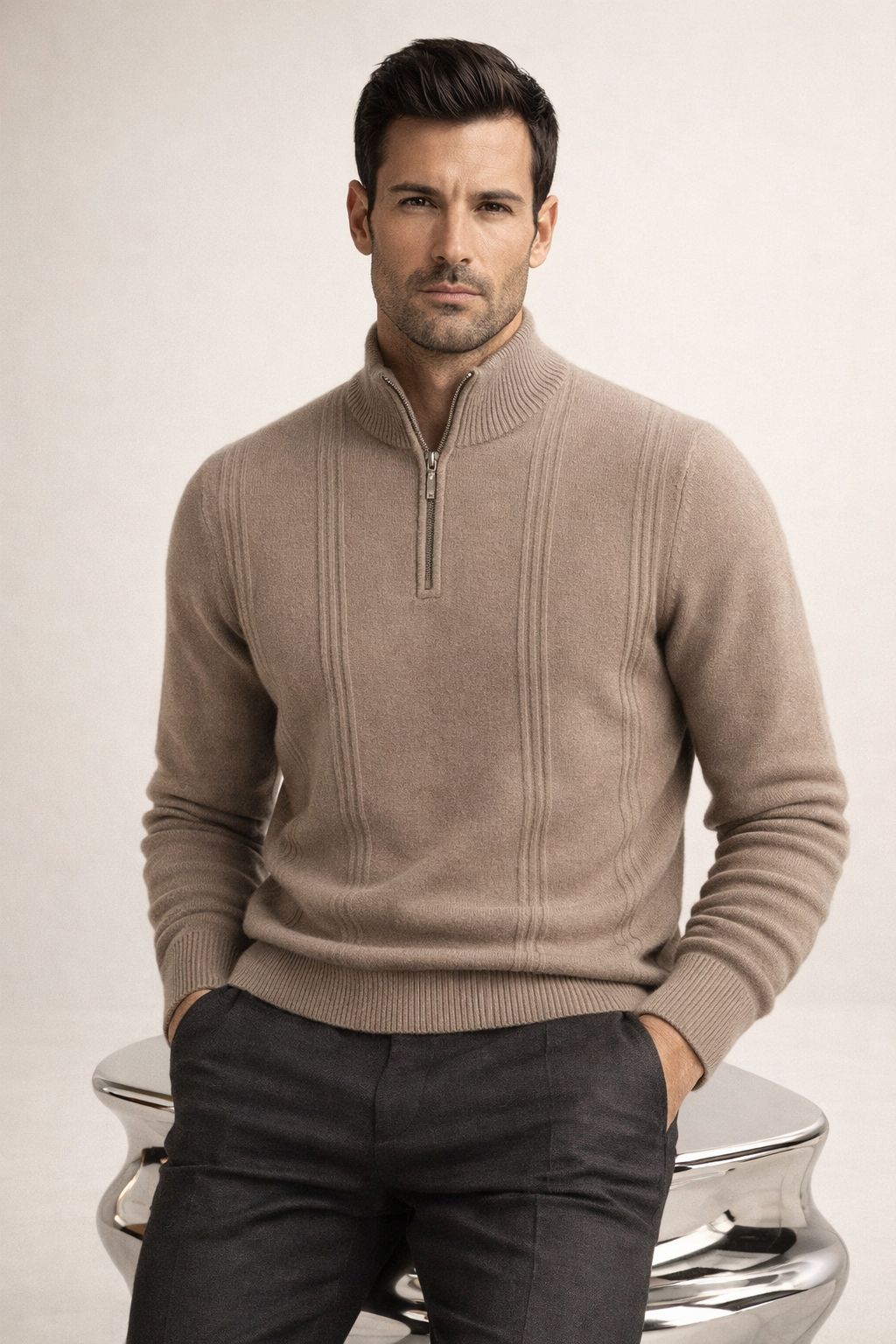 Teo Cashmere Half-Zip Knit Beige