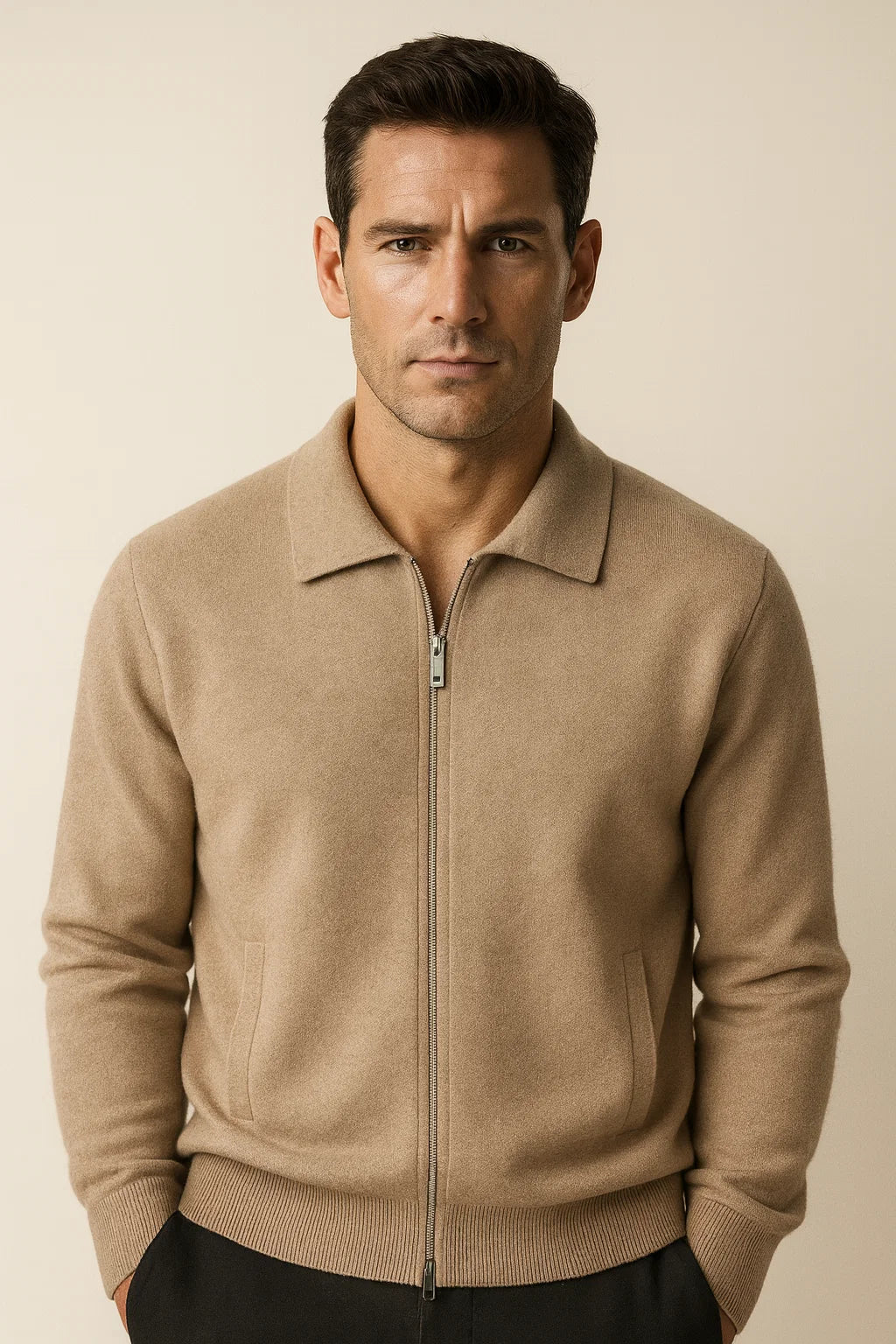 Luca Zip Polo Cardigan Camel